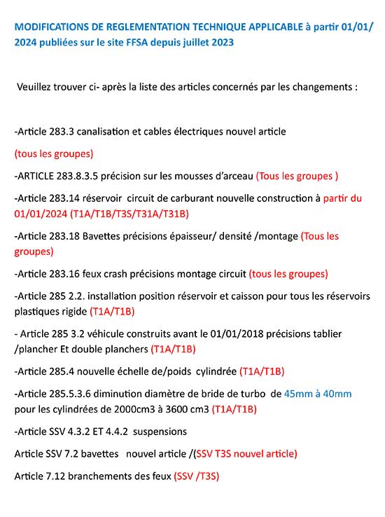 MODIFICATION DE REGLEMENTATION TECHNIQUE FFSA 2024